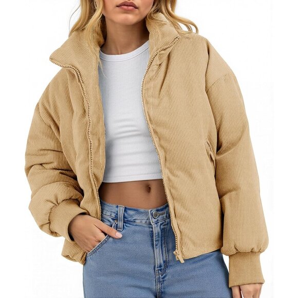 Women's Winter Fashion Khaki Corduroy Quilted Puffer Jackets Cropped Zip Up Coat